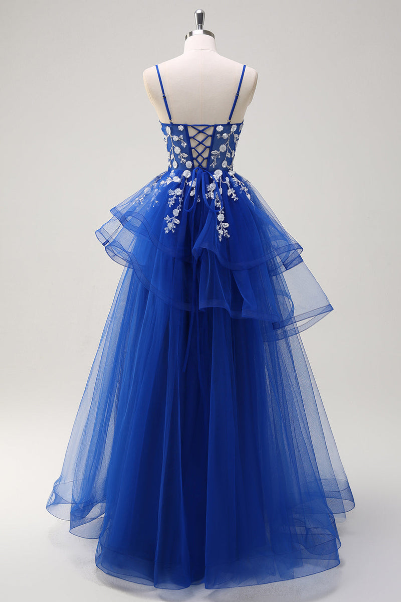 Load image into Gallery viewer, Royal Blue A-Line Tiered Long Appliqued Prom Dress with Sequins