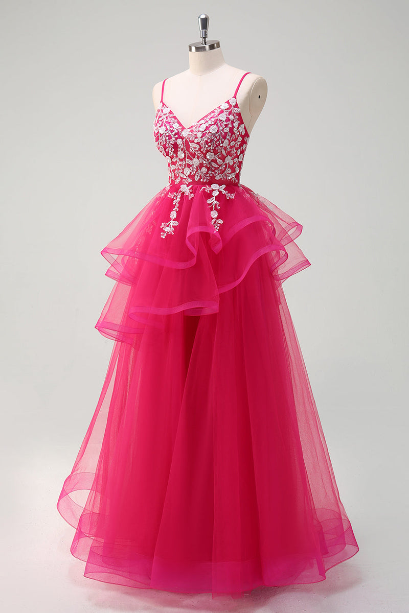 Load image into Gallery viewer, Sparkly Fuchsia A-Line Spaghetti Straps Ruffles Tulle Long Prom Dress with Appliques