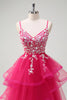 Load image into Gallery viewer, Sparkly Fuchsia A-Line Spaghetti Straps Ruffles Tulle Long Prom Dress with Appliques