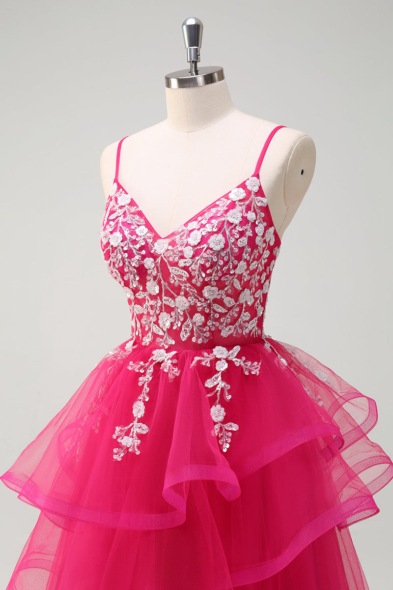 Load image into Gallery viewer, Sparkly Fuchsia A-Line Spaghetti Straps Ruffles Tulle Long Prom Dress with Appliques