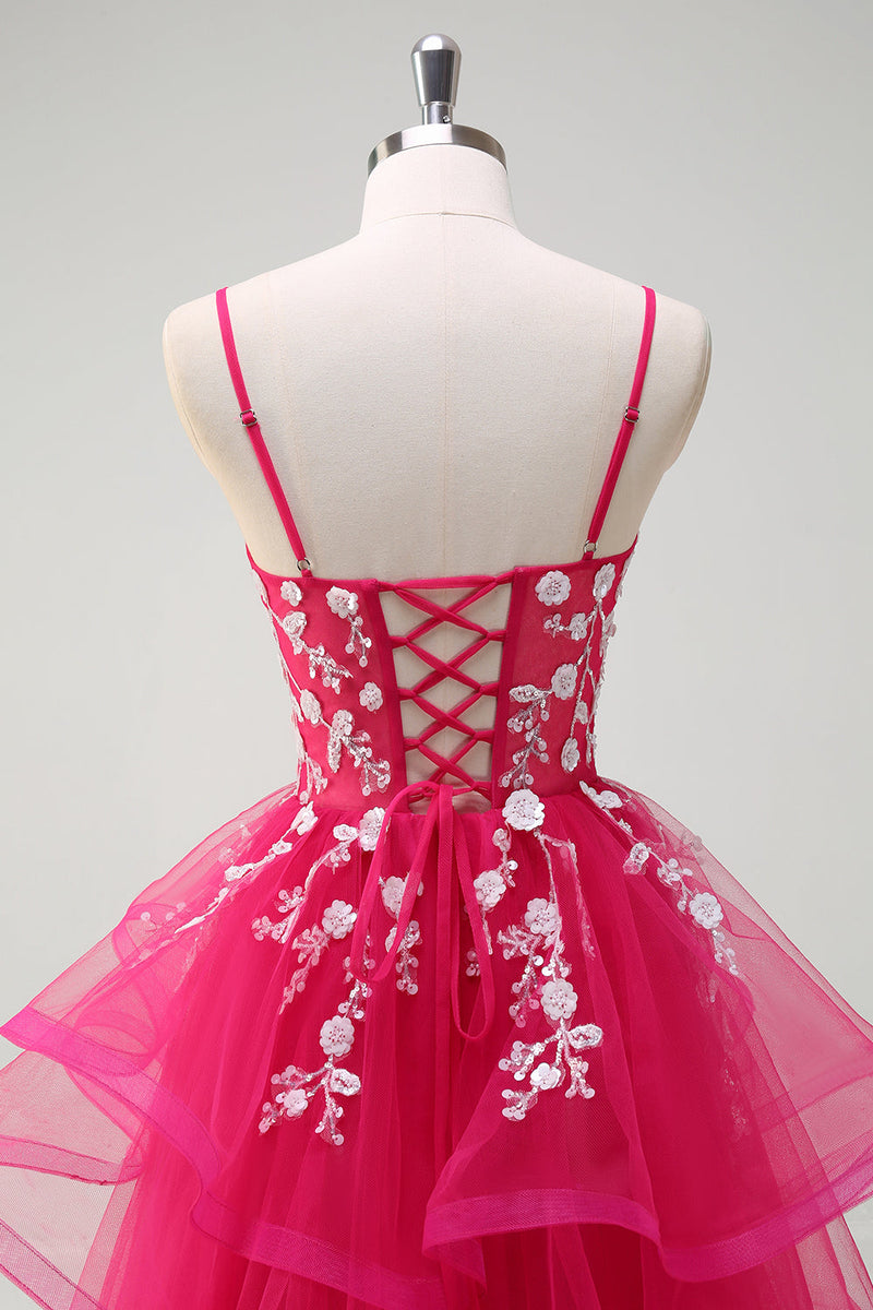 Load image into Gallery viewer, Sparkly Fuchsia A-Line Spaghetti Straps Ruffles Tulle Long Prom Dress with Appliques