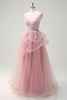 Load image into Gallery viewer, Grey Pink A-Line Spiral Ruffle Tiered Long Corset Prom Dress with Appliques