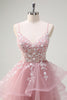 Load image into Gallery viewer, Grey Pink A-Line Spiral Ruffle Tiered Long Corset Prom Dress with Appliques