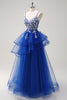 Load image into Gallery viewer, Royal Blue A-Line Tiered Long Appliqued Prom Dress with Sequins