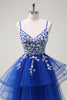 Load image into Gallery viewer, Royal Blue A-Line Tiered Long Appliqued Prom Dress with Sequins