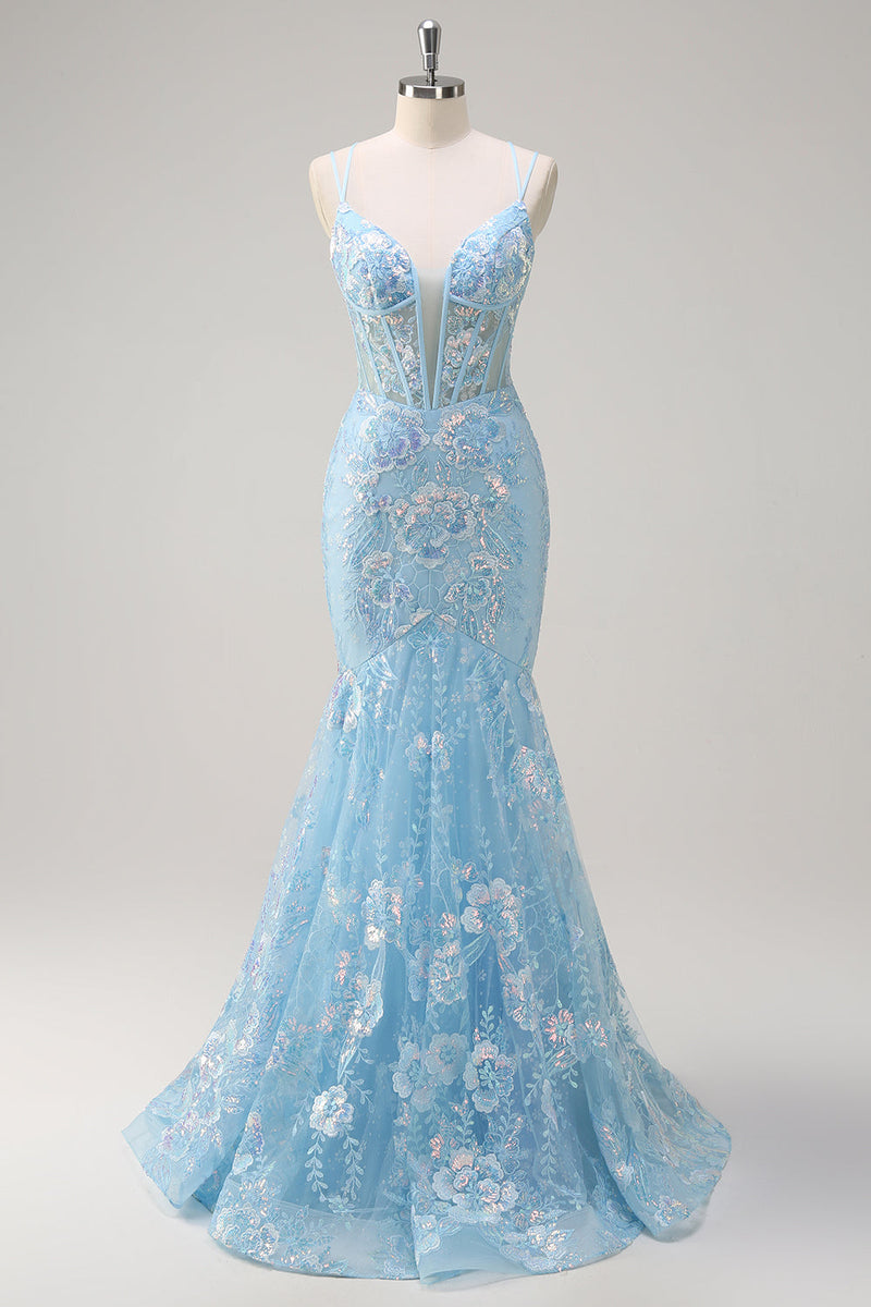 Load image into Gallery viewer, Sparkly Blue Mermaid Spaghetti Straps Sequin Corset Long Prom Dress with Embroidery