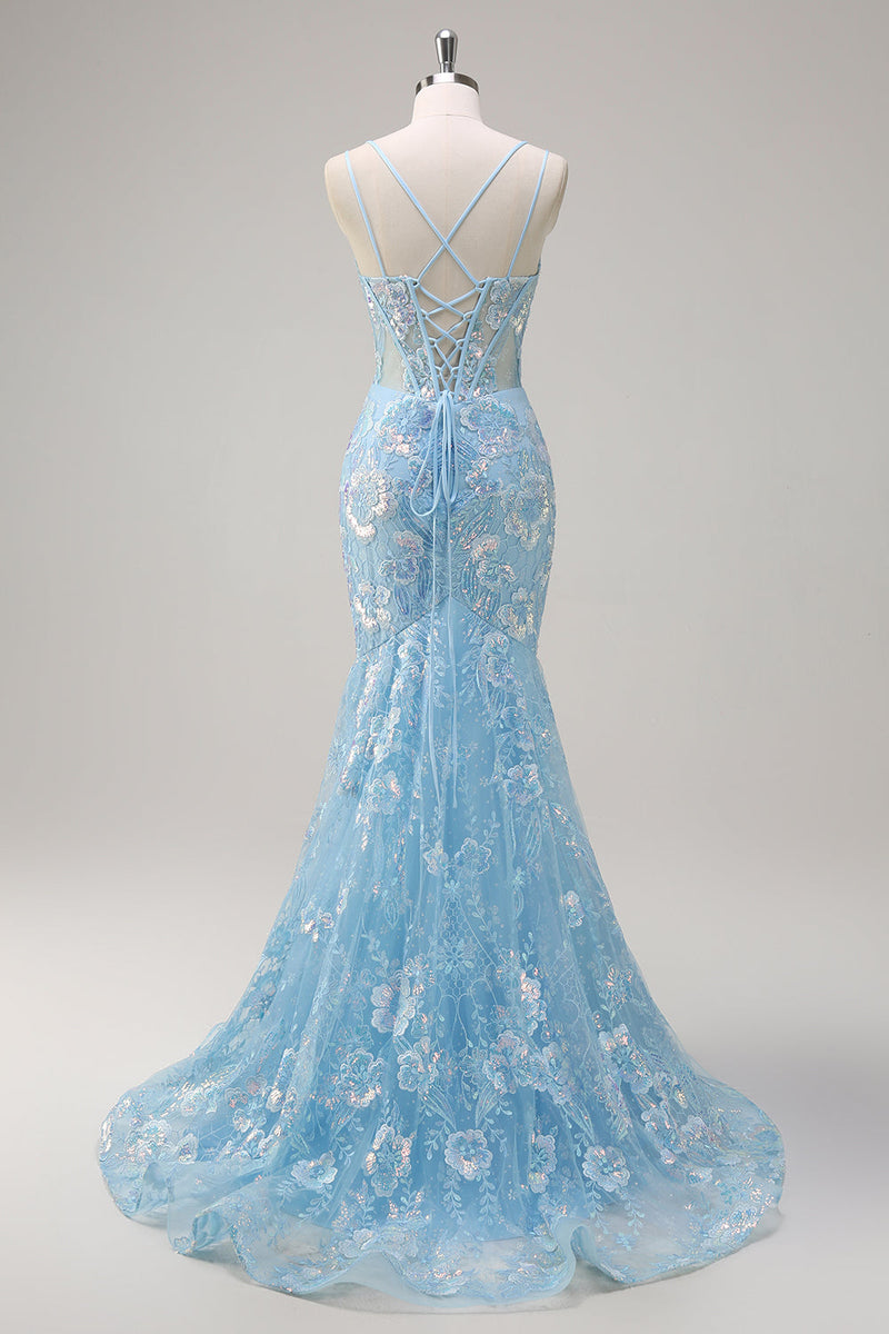 Load image into Gallery viewer, Sparkly Blue Mermaid Spaghetti Straps Sequin Corset Long Prom Dress with Embroidery