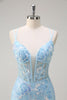 Load image into Gallery viewer, Sparkly Blue Mermaid Spaghetti Straps Sequin Corset Long Prom Dress with Embroidery