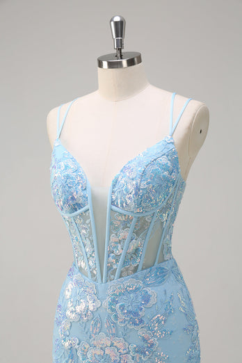 Sparkly Blue Mermaid Spaghetti Straps Sequin Corset Long Prom Dress with Embroidery