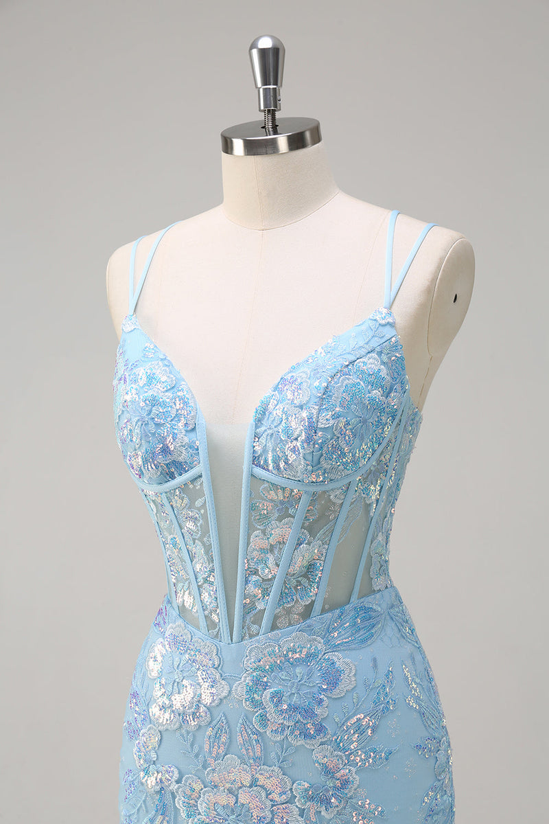 Load image into Gallery viewer, Sparkly Blue Mermaid Spaghetti Straps Sequin Corset Long Prom Dress with Embroidery