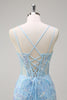 Load image into Gallery viewer, Sparkly Blue Mermaid Spaghetti Straps Sequin Corset Long Prom Dress with Embroidery