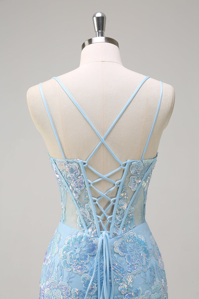 Load image into Gallery viewer, Sparkly Blue Mermaid Spaghetti Straps Sequin Corset Long Prom Dress with Embroidery