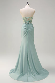 Grey Green Mermaid Strapless Sequin Corset Ruched Long Prom Dress with Slit