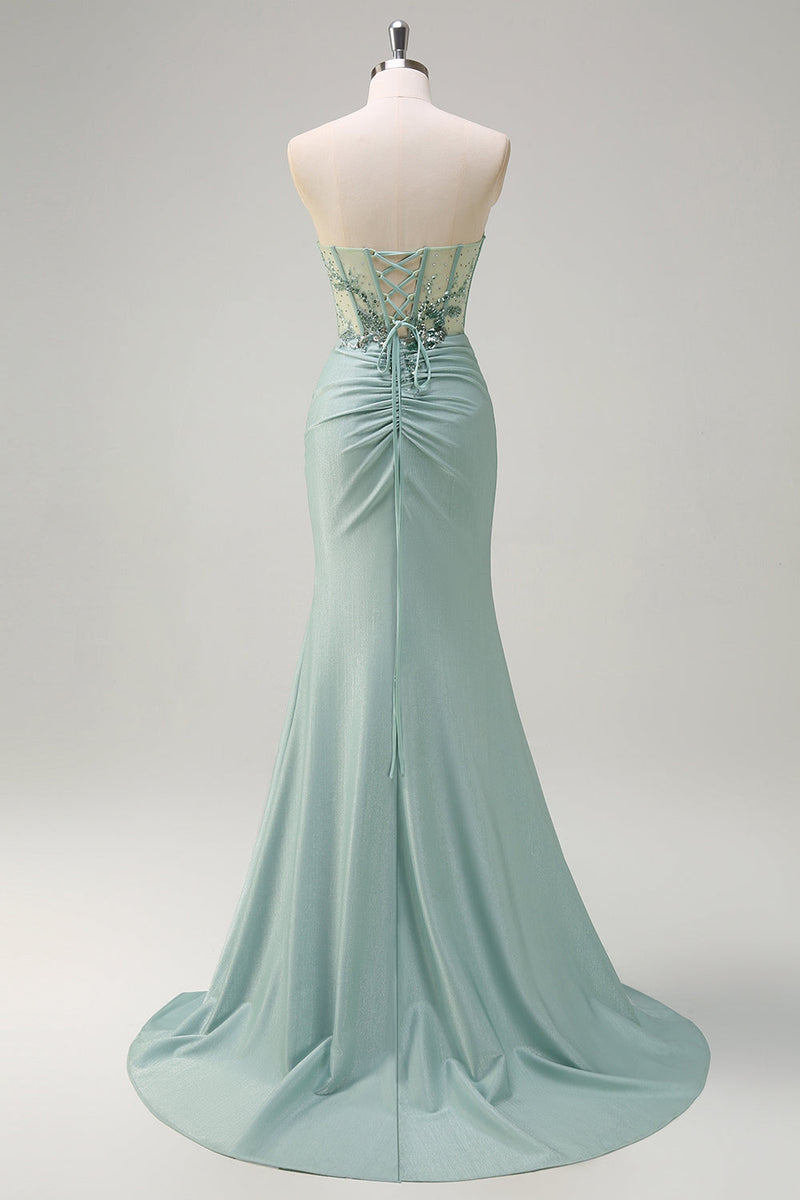 Load image into Gallery viewer, Grey Green Mermaid Strapless Sequin Corset Ruched Long Prom Dress with Slit