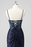 Sparkly Navy Mermaid Sequins Ruched Corset Long Prom Dress with Slit