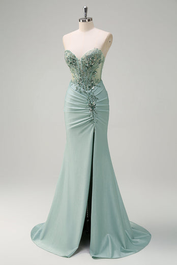 Grey Green Mermaid Strapless Sequin Corset Ruched Long Prom Dress with Slit