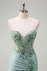 Load image into Gallery viewer, Grey Green Mermaid Strapless Sequin Corset Ruched Long Prom Dress with Slit