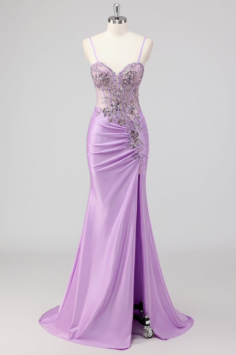 Load image into Gallery viewer, Purple Mermaid Spaghetti Straps Corset Sequin Long Prom Dress