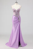 Purple Mermaid Spaghetti Straps Corset Sequin Long Prom Dress
