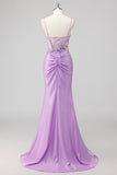 Purple Mermaid Spaghetti Straps Corset Sequin Long Prom Dress