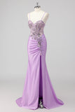 Purple Mermaid Spaghetti Straps Corset Sequin Long Prom Dress