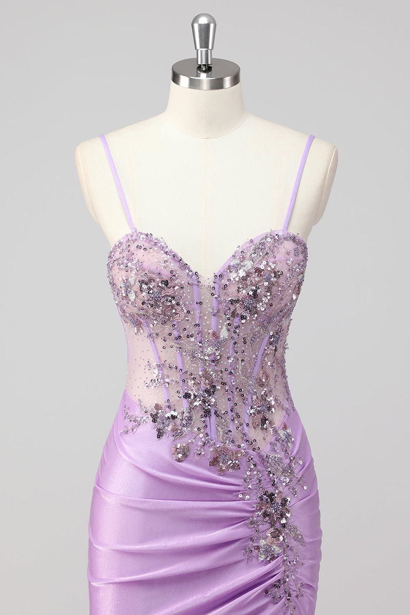 Load image into Gallery viewer, Purple Mermaid Spaghetti Straps Corset Sequin Long Prom Dress