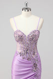 Purple Mermaid Spaghetti Straps Corset Sequin Long Prom Dress