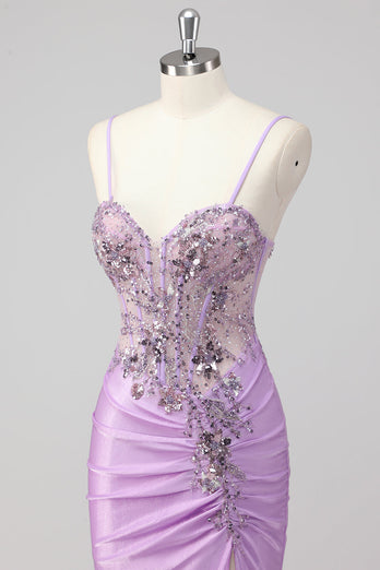 Purple Mermaid Spaghetti Straps Corset Sequin Long Prom Dress
