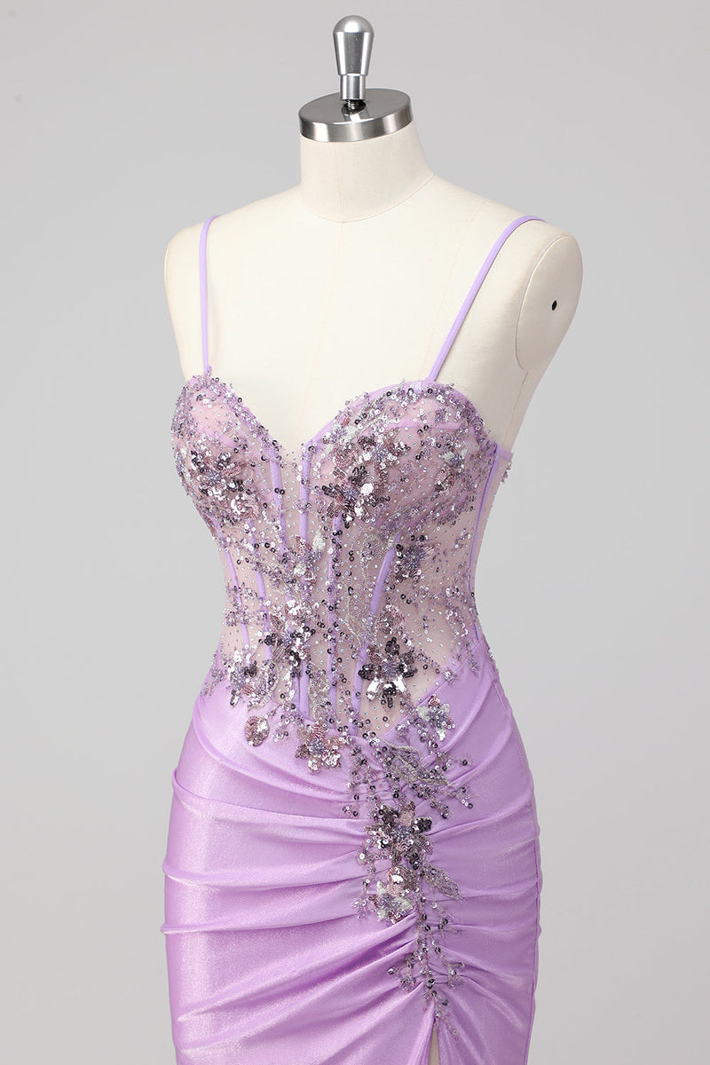 Load image into Gallery viewer, Purple Mermaid Spaghetti Straps Corset Sequin Long Prom Dress