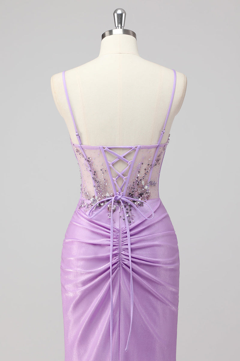 Load image into Gallery viewer, Purple Mermaid Spaghetti Straps Corset Sequin Long Prom Dress