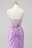 Purple Mermaid Spaghetti Straps Corset Sequin Long Prom Dress