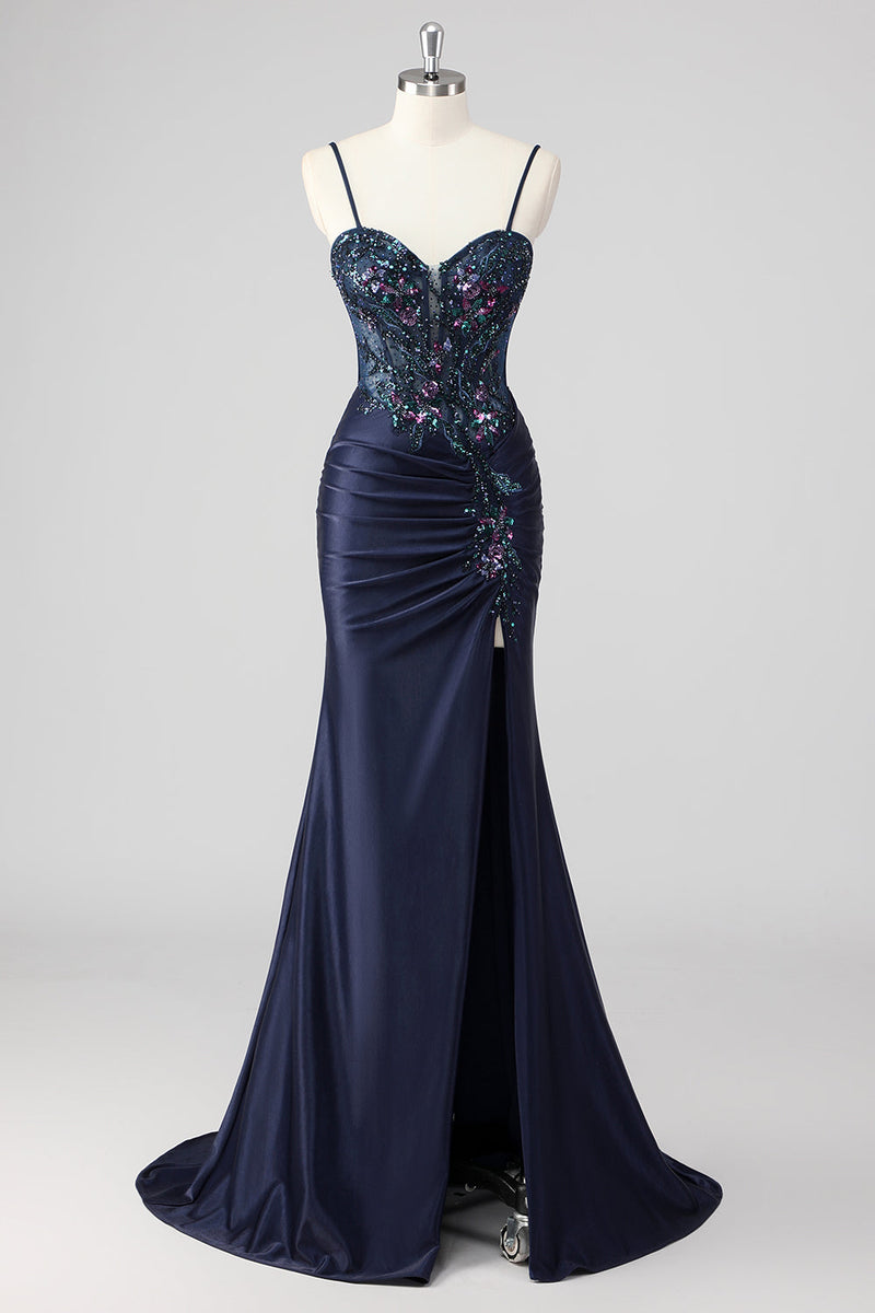Load image into Gallery viewer, Purple Mermaid Spaghetti Straps Corset Sequin Long Prom Dress
