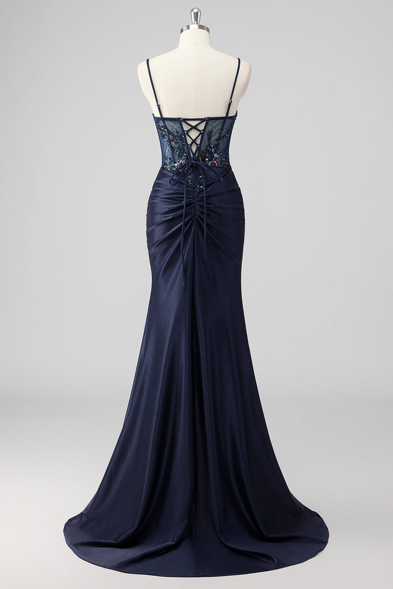 Load image into Gallery viewer, Purple Mermaid Spaghetti Straps Corset Sequin Long Prom Dress