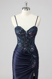 Purple Mermaid Spaghetti Straps Corset Sequin Long Prom Dress