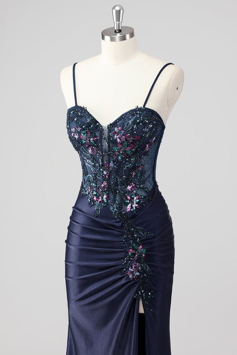 Load image into Gallery viewer, Purple Mermaid Spaghetti Straps Corset Sequin Long Prom Dress