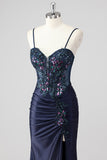 Purple Mermaid Spaghetti Straps Corset Sequin Long Prom Dress