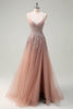 Load image into Gallery viewer, Blush A Line Spaghetti Straps Lace Up Back Appliqued Long Prom Dress with Slit