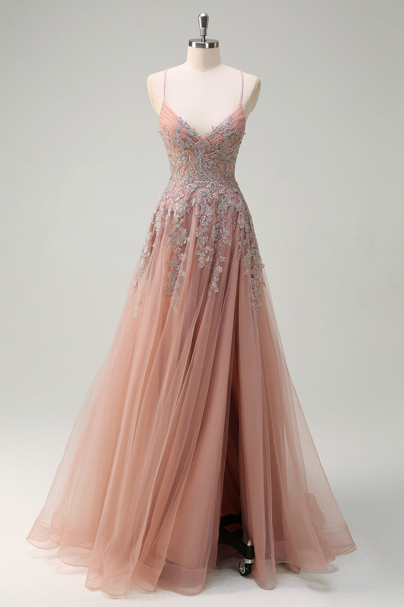 Load image into Gallery viewer, Blush A Line Spaghetti Straps Lace Up Back Appliqued Long Prom Dress with Slit