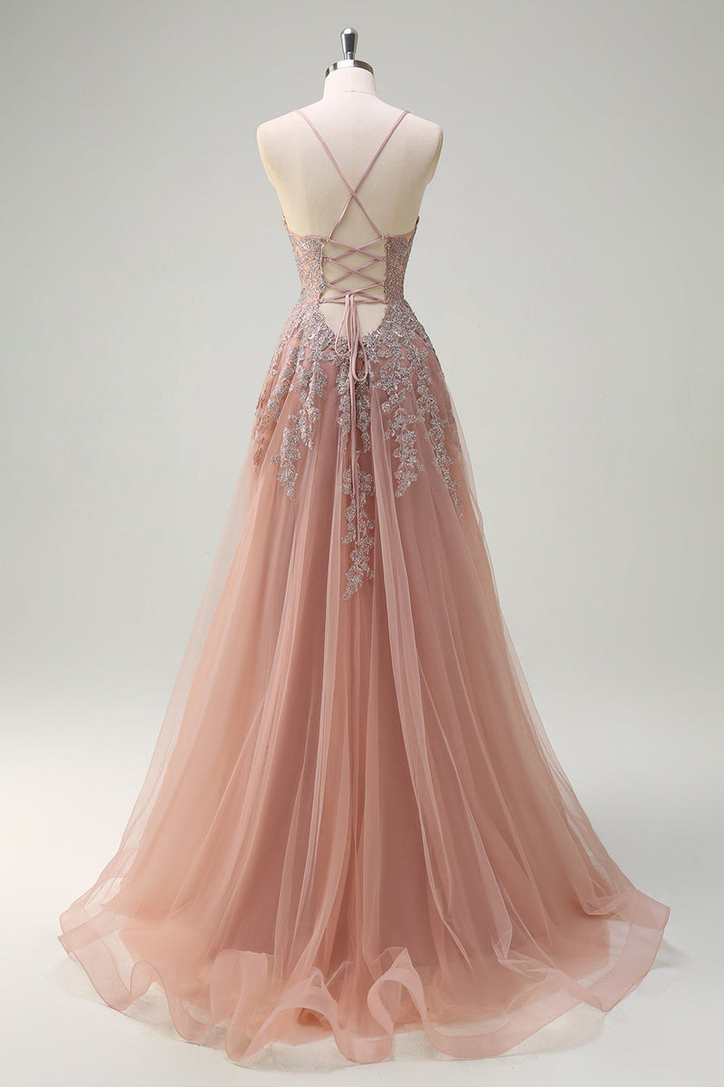 Load image into Gallery viewer, Lavender A Line Spaghetti Straps Tulle Beaded Long Prom Dress with Slit
