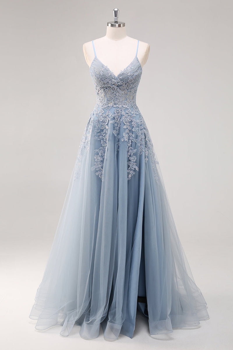 Load image into Gallery viewer, Lavender A Line Spaghetti Straps Tulle Beaded Long Prom Dress with Slit