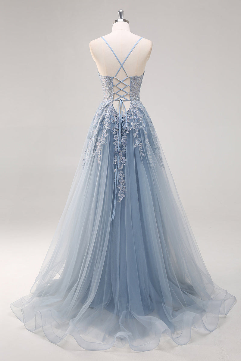 Load image into Gallery viewer, Lavender A Line Spaghetti Straps Tulle Beaded Long Prom Dress with Slit