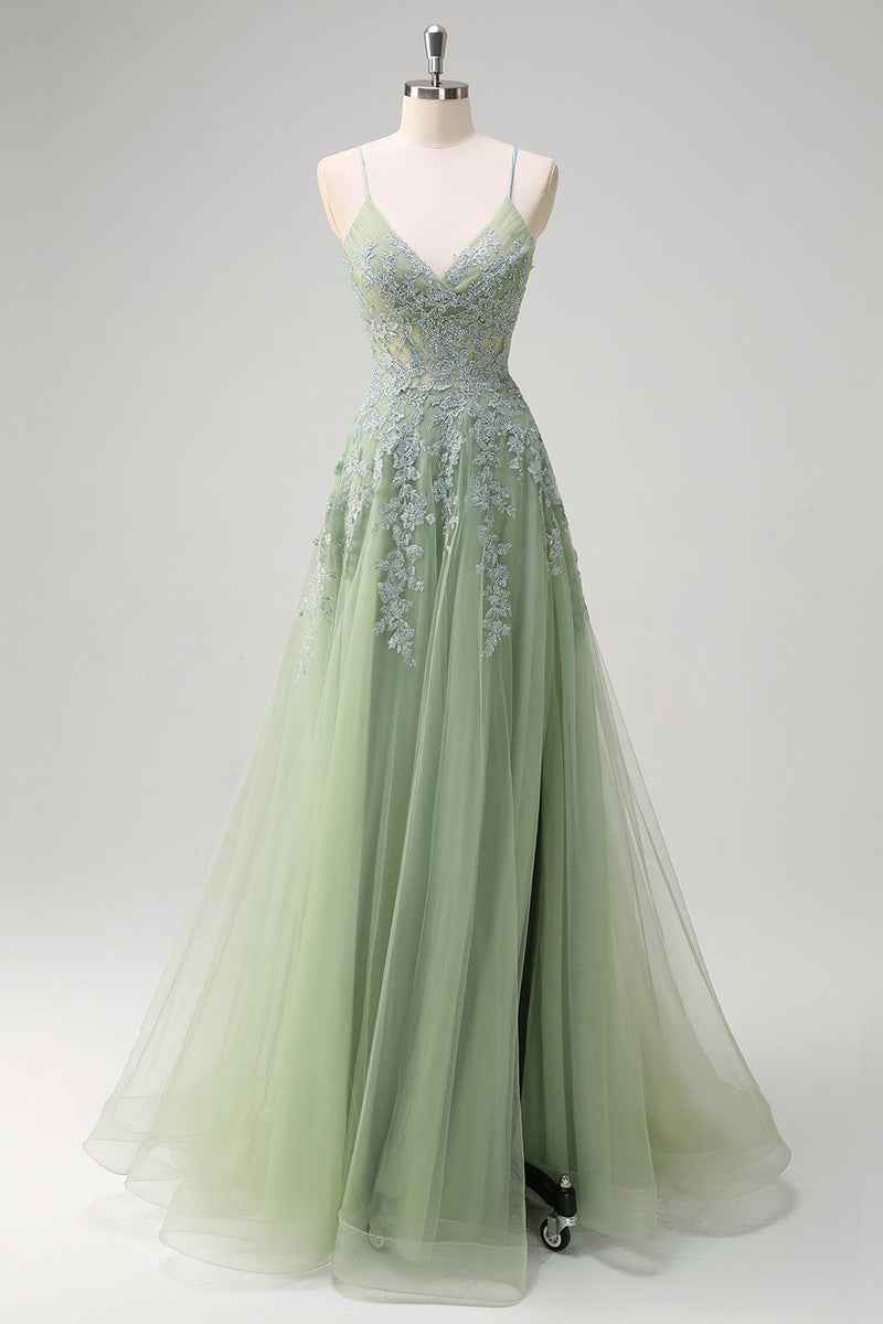 Load image into Gallery viewer, Lavender A Line Spaghetti Straps Tulle Beaded Long Prom Dress with Slit