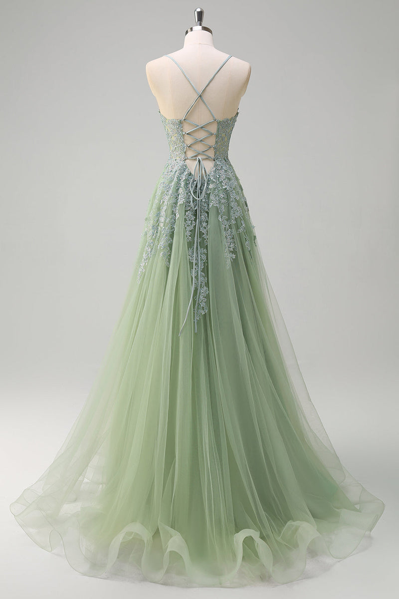 Load image into Gallery viewer, Lavender A Line Spaghetti Straps Tulle Beaded Long Prom Dress with Slit
