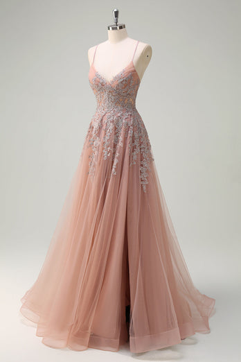 Blush A Line Spaghetti Straps Lace Up Back Appliqued Long Prom Dress with Slit