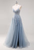 Load image into Gallery viewer, Lavender A Line Spaghetti Straps Tulle Beaded Long Prom Dress with Slit
