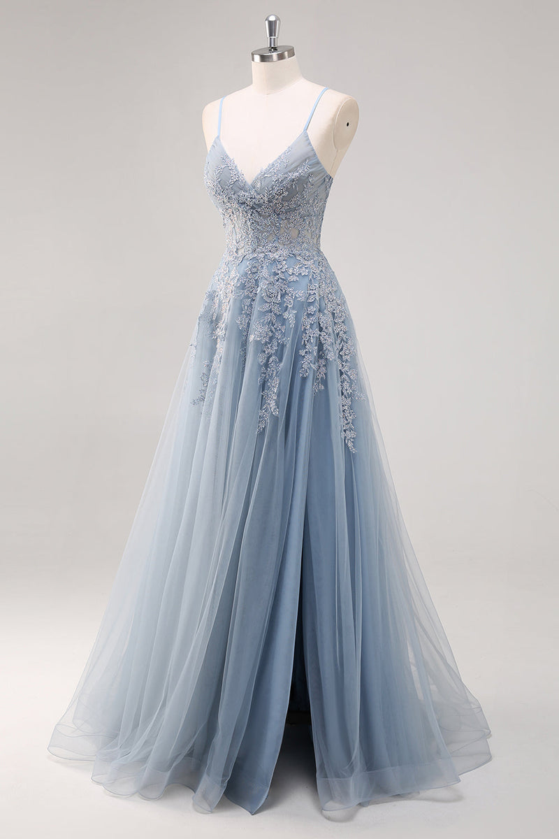 Load image into Gallery viewer, Lavender A Line Spaghetti Straps Tulle Beaded Long Prom Dress with Slit