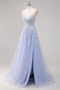 Load image into Gallery viewer, Lavender A Line Spaghetti Straps Tulle Beaded Long Prom Dress with Slit