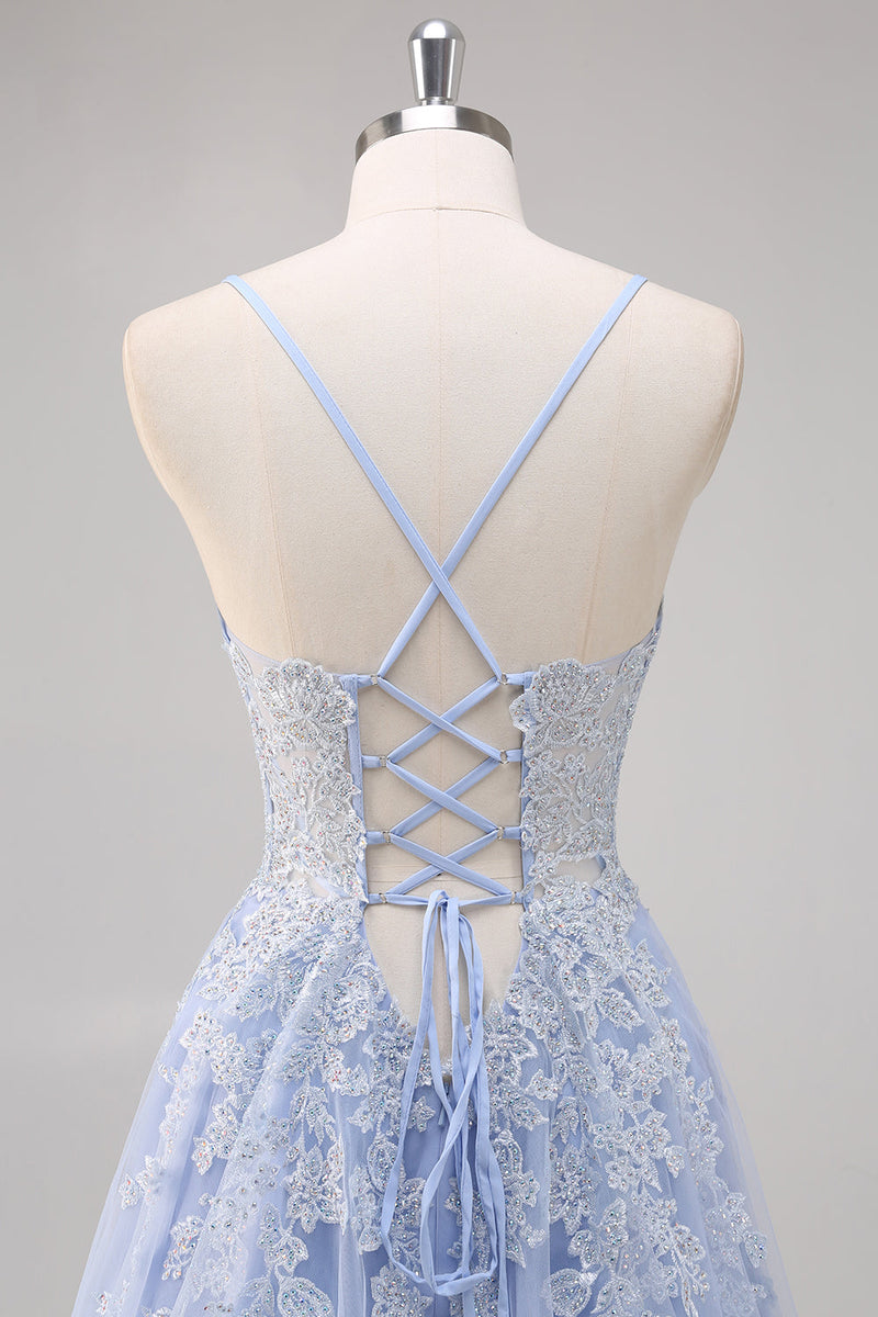 Load image into Gallery viewer, Lavender A Line Spaghetti Straps Tulle Beaded Long Prom Dress with Slit