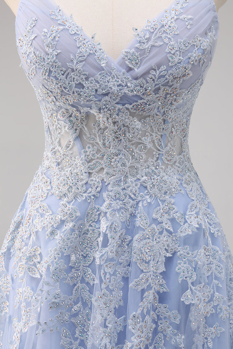 Load image into Gallery viewer, Lavender A Line Spaghetti Straps Tulle Beaded Long Prom Dress with Slit