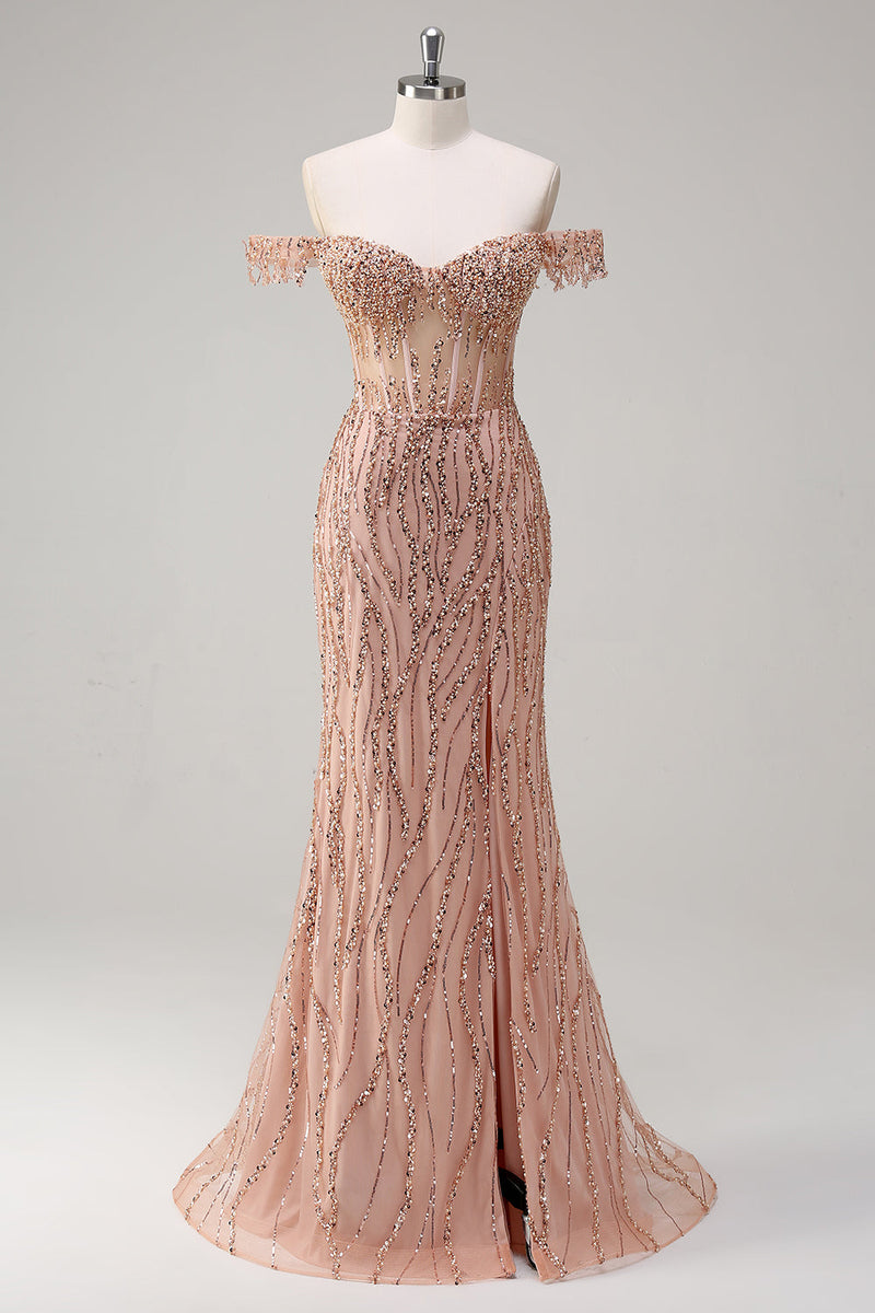 Load image into Gallery viewer, Sparkly Dusty Rose Mermaid Off the Shoulder Long Prom Dress with Slit